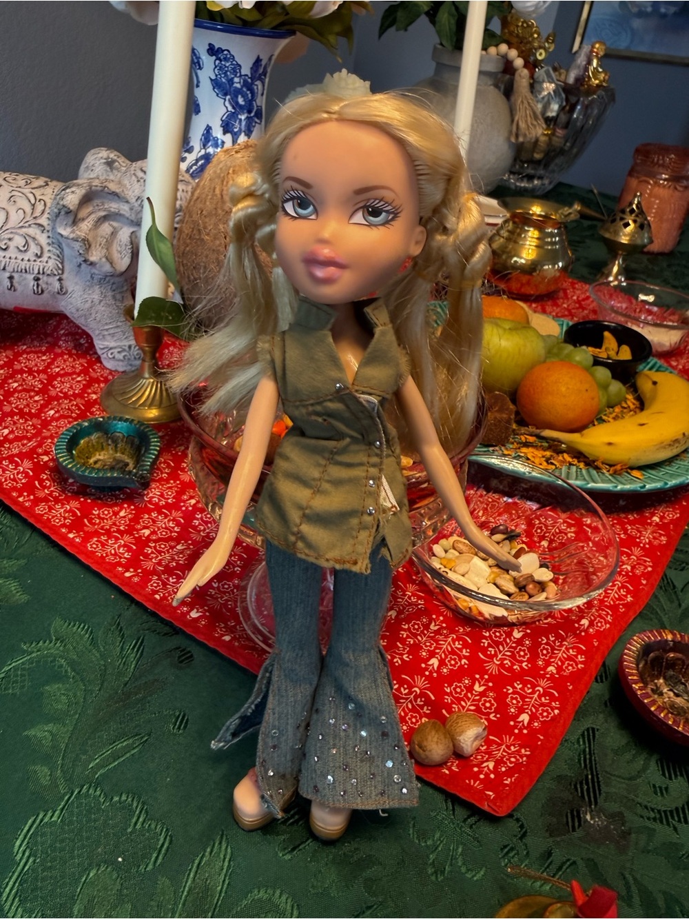 Bratz Doll in Olive Green Top and Denim Flared Jeans studded Cloe doll